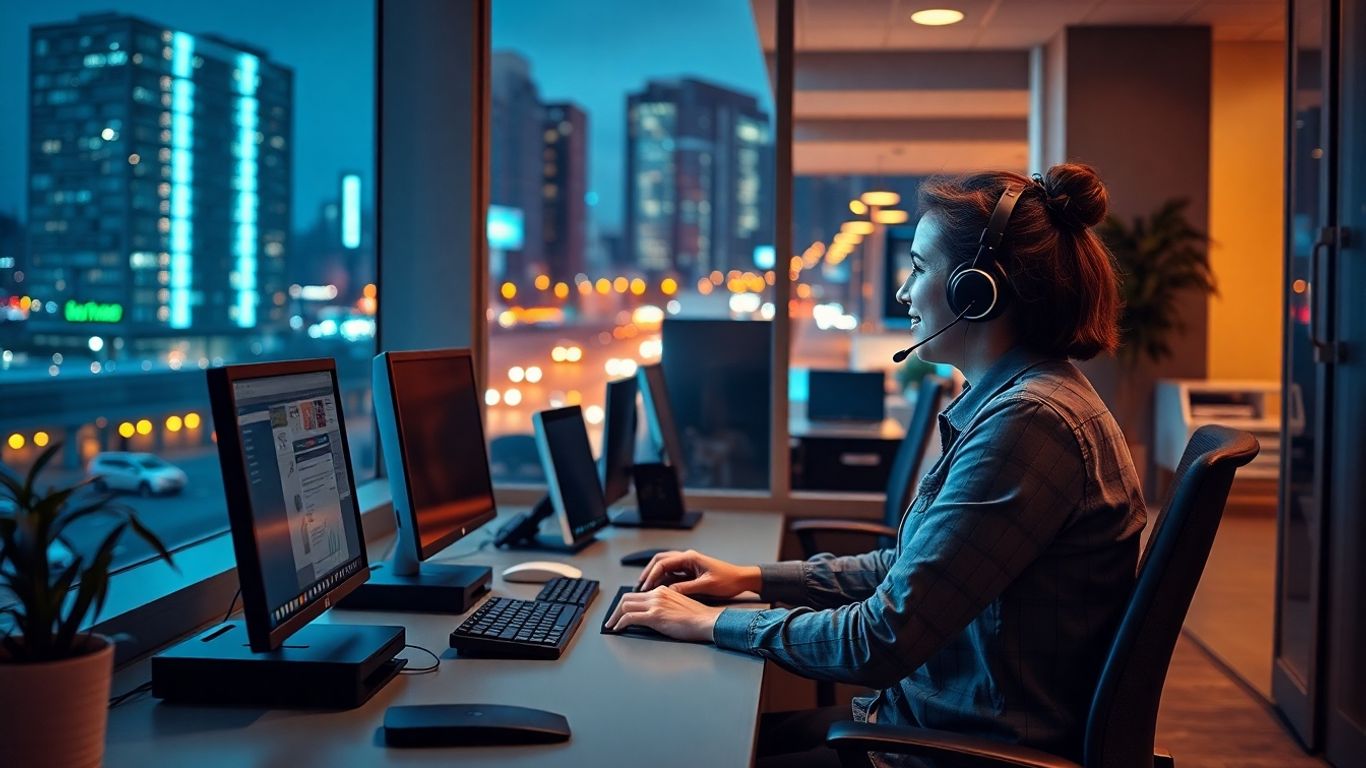 Answering service agent in office at night