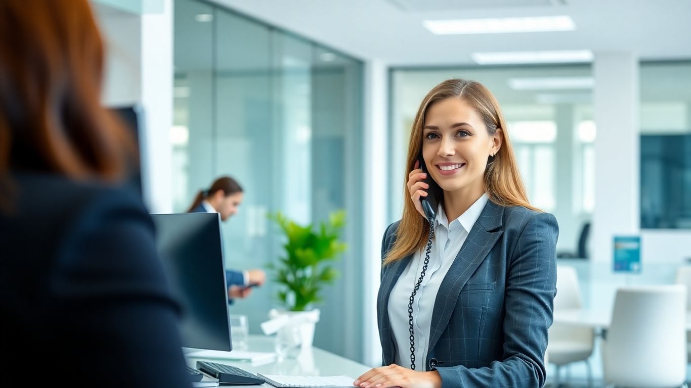 Busy receptionist answering phone in a modern office