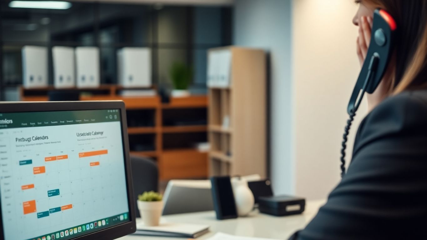 Receptionist using phone and calendar on computer