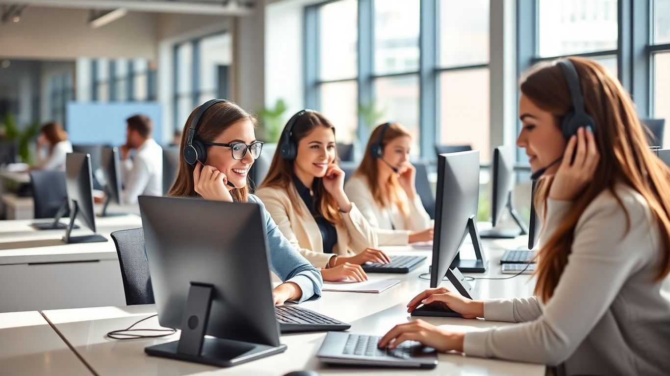 Customer service agents at modern office desks with headsets