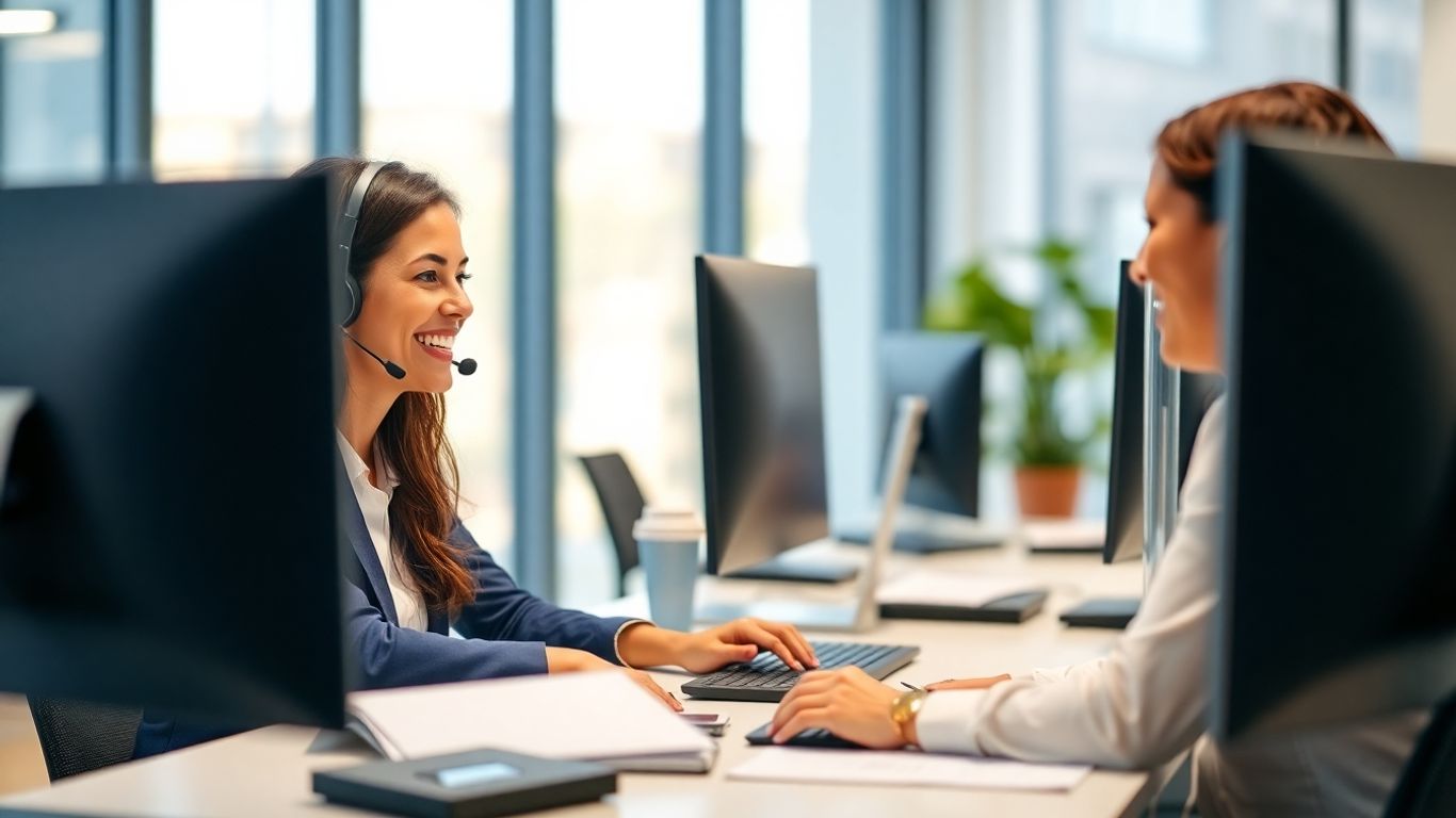 Customer service agent smiling with satisfied client nearby.