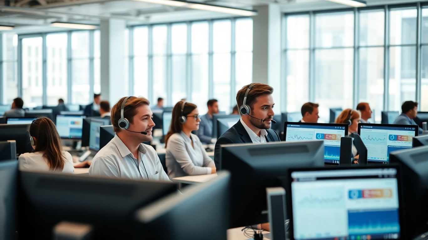 Busy office team using computers and headsets
