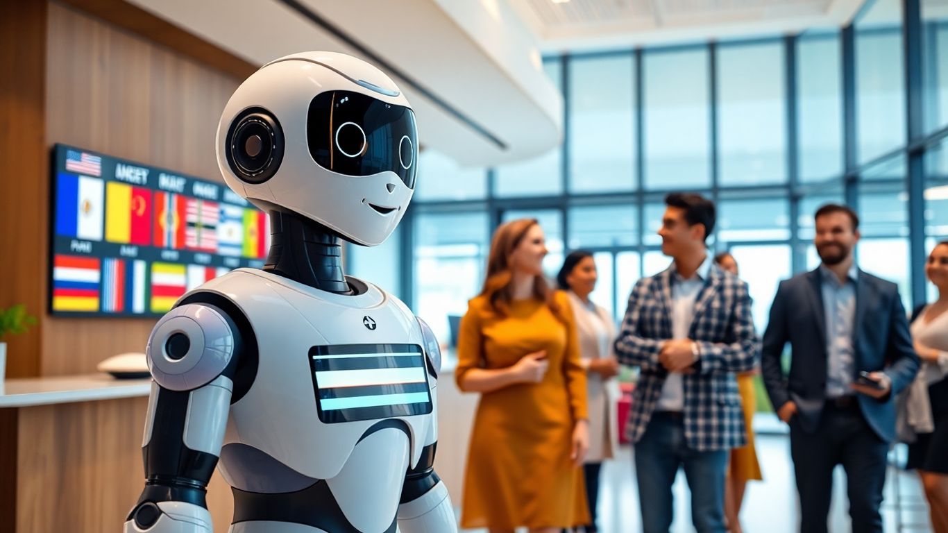 AI robot assists international clients at busy modern reception