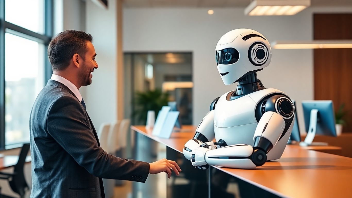 AI robot receptionist greeting business professional in office