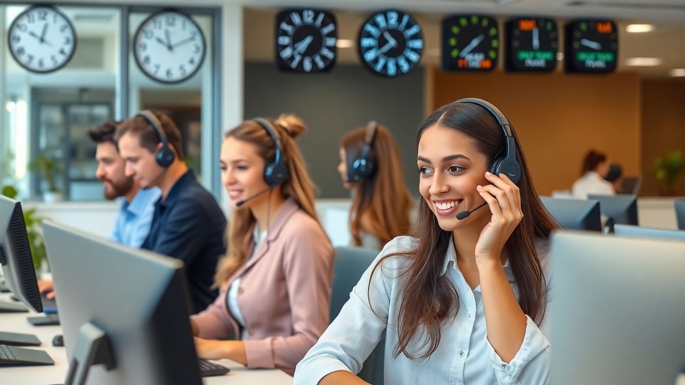 Receptionists with headsets in a modern office workspace