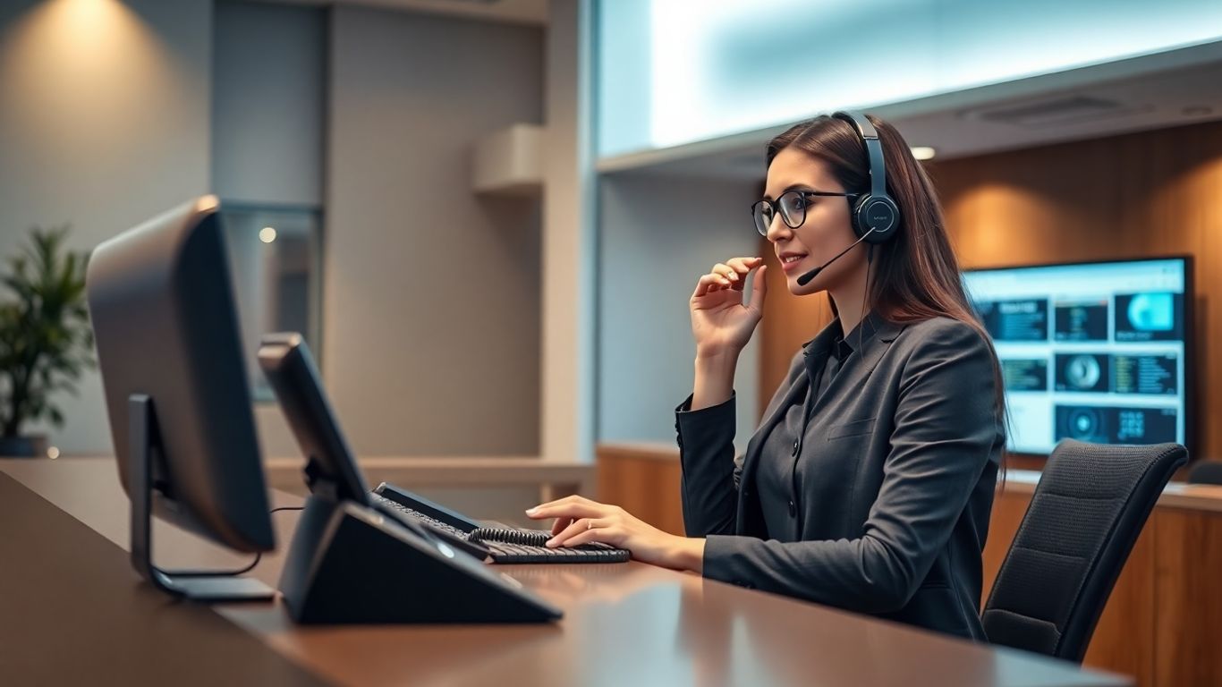 Receptionist with headset in a modern office setting
