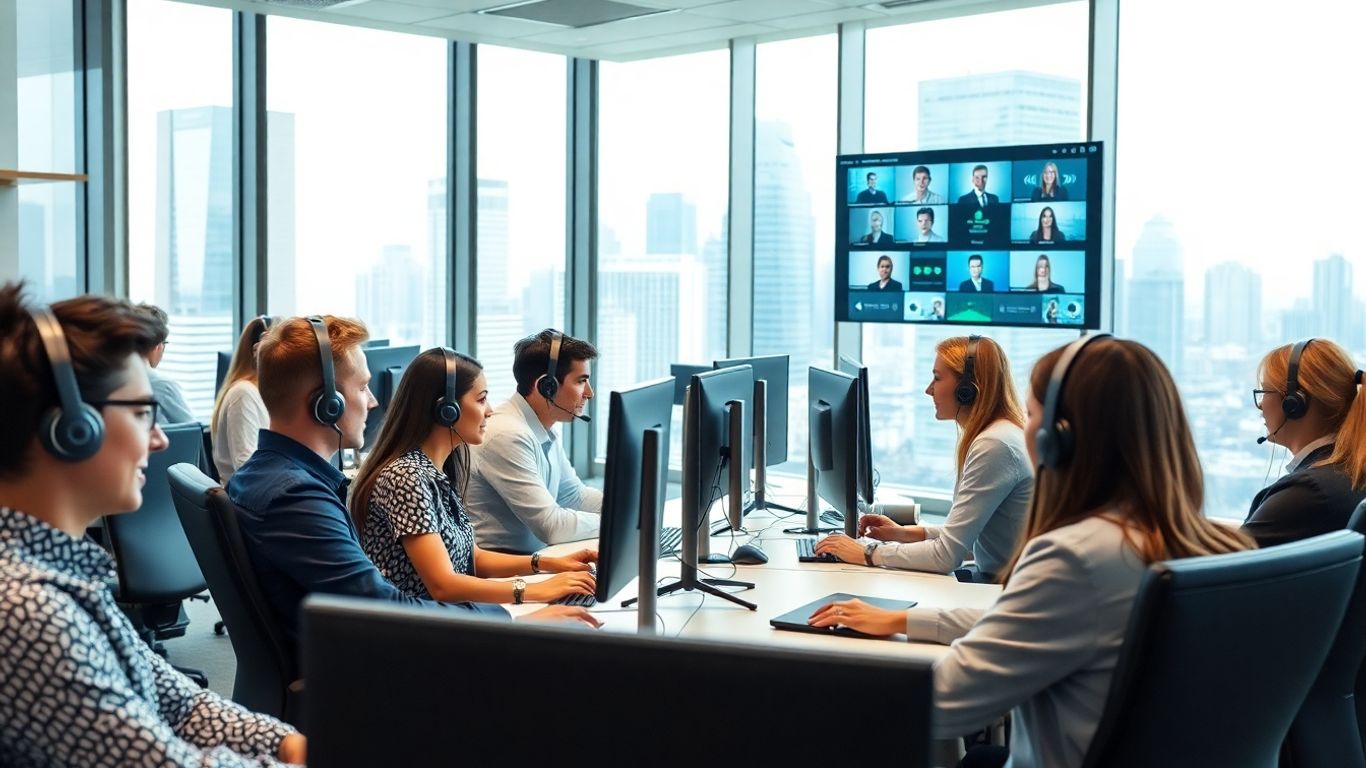 Professionals monitoring real-time calls in a modern office.