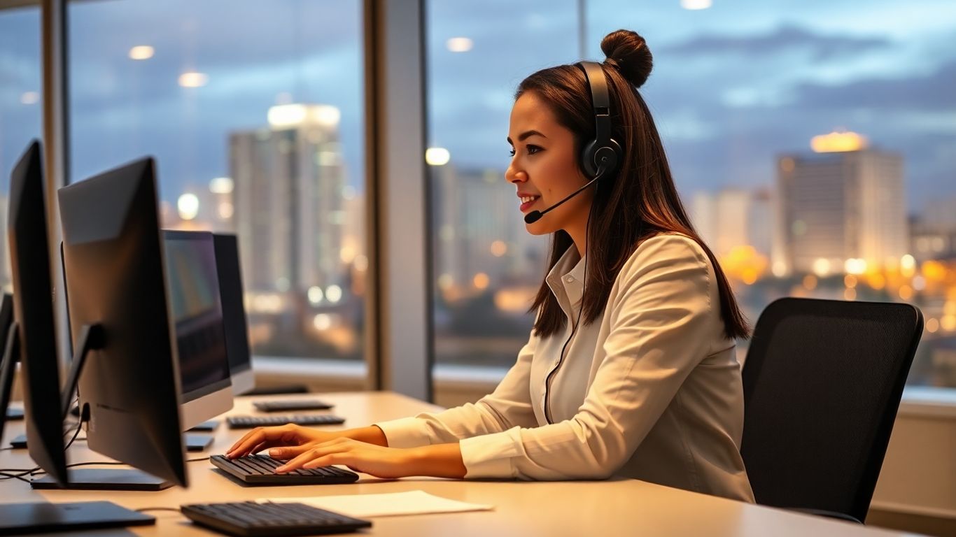 Call center agent answering calls in Orlando office at night