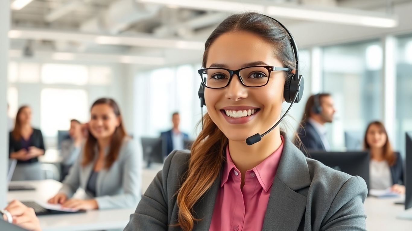 Smiling call center agent providing 24/7 customer support