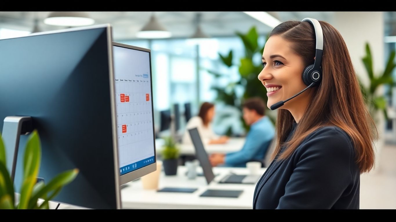 Receptionist schedules appointments in a bright office