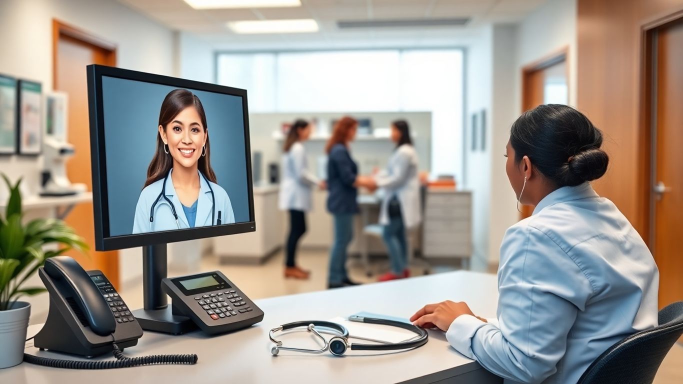 Medical receptionist desk with virtual assistant on computer screen.