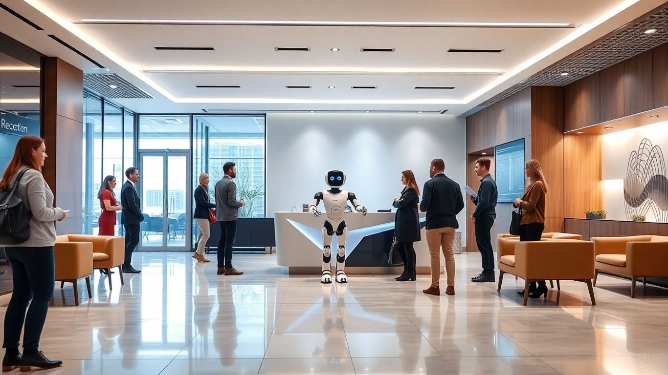 AI robot receptionist welcoming people at modern front desk