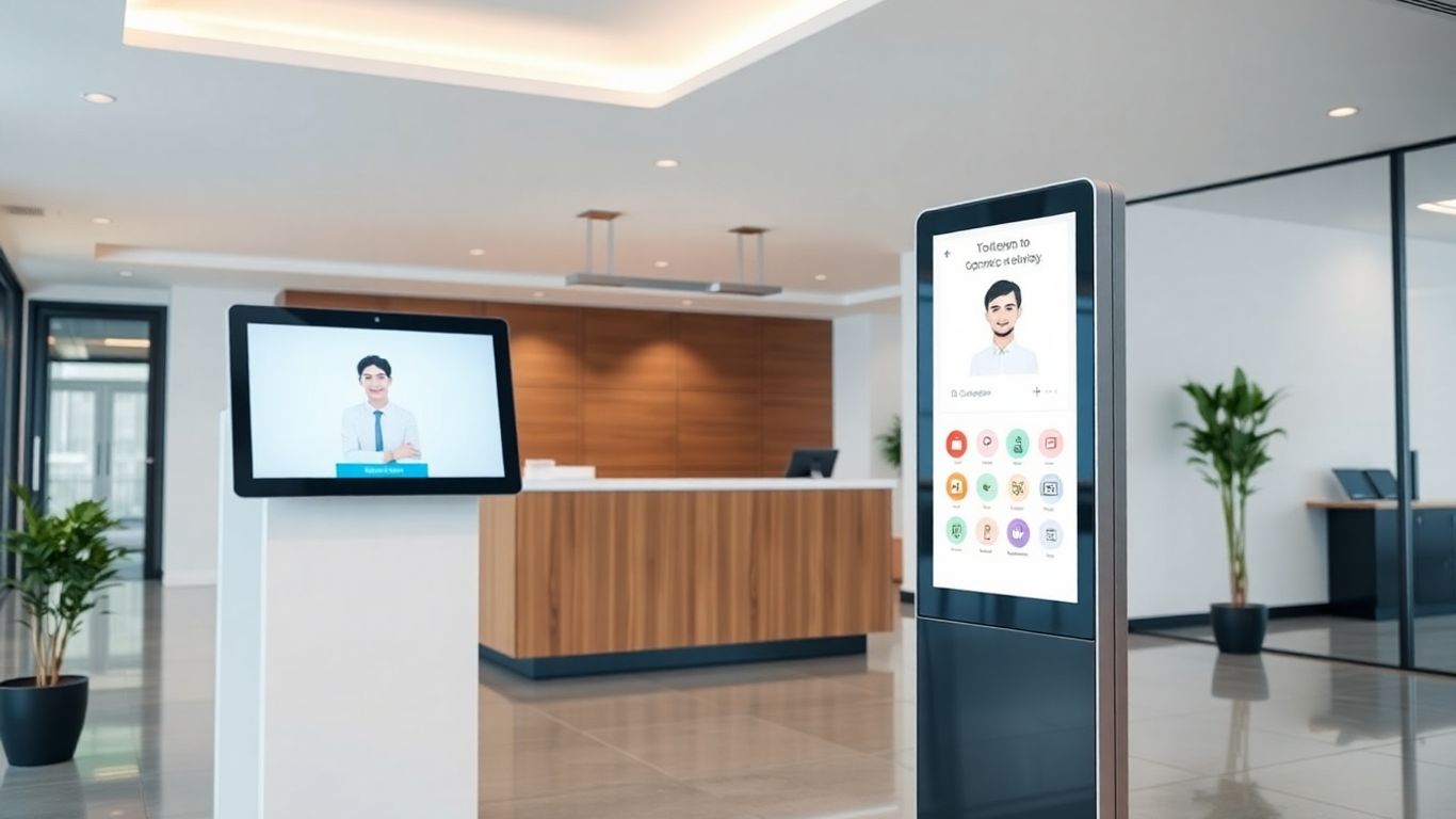 Modern office reception with AI assistant and receptionist desk.