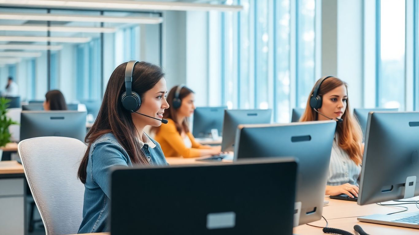 Call center agents with headsets in a modern office