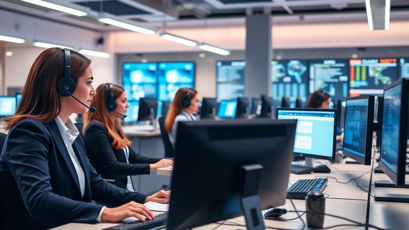 Call center agents using computers and headsets in office