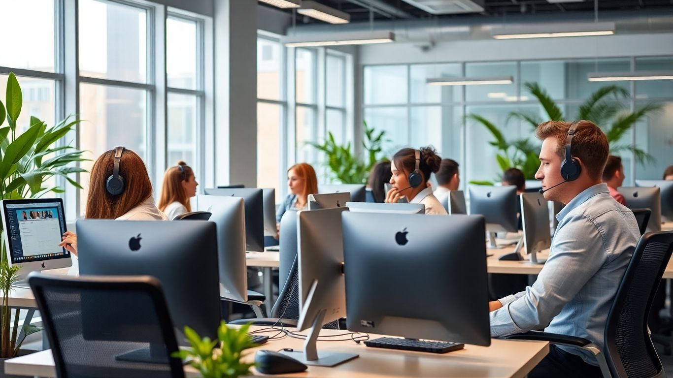 Call center agents working with headsets in office