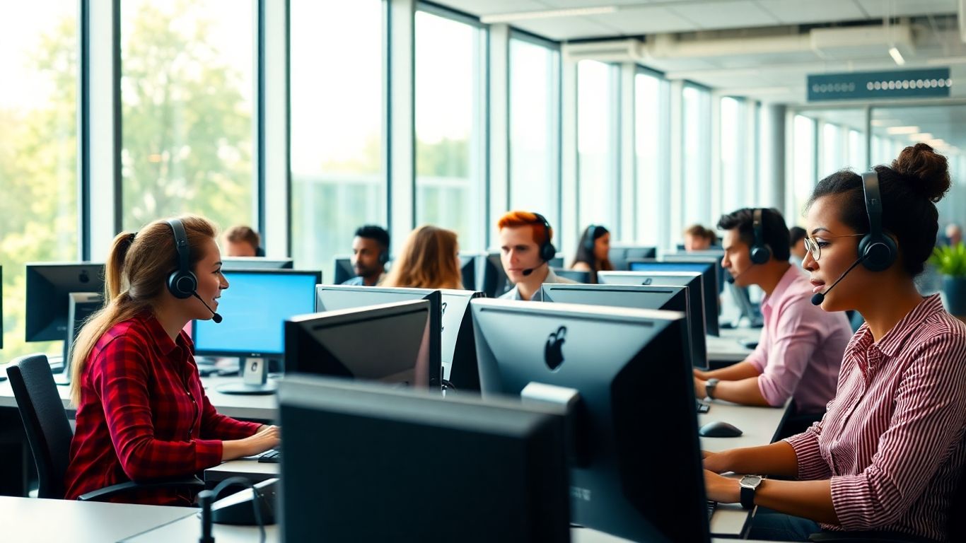 Busy call center agents working at computers with headsets