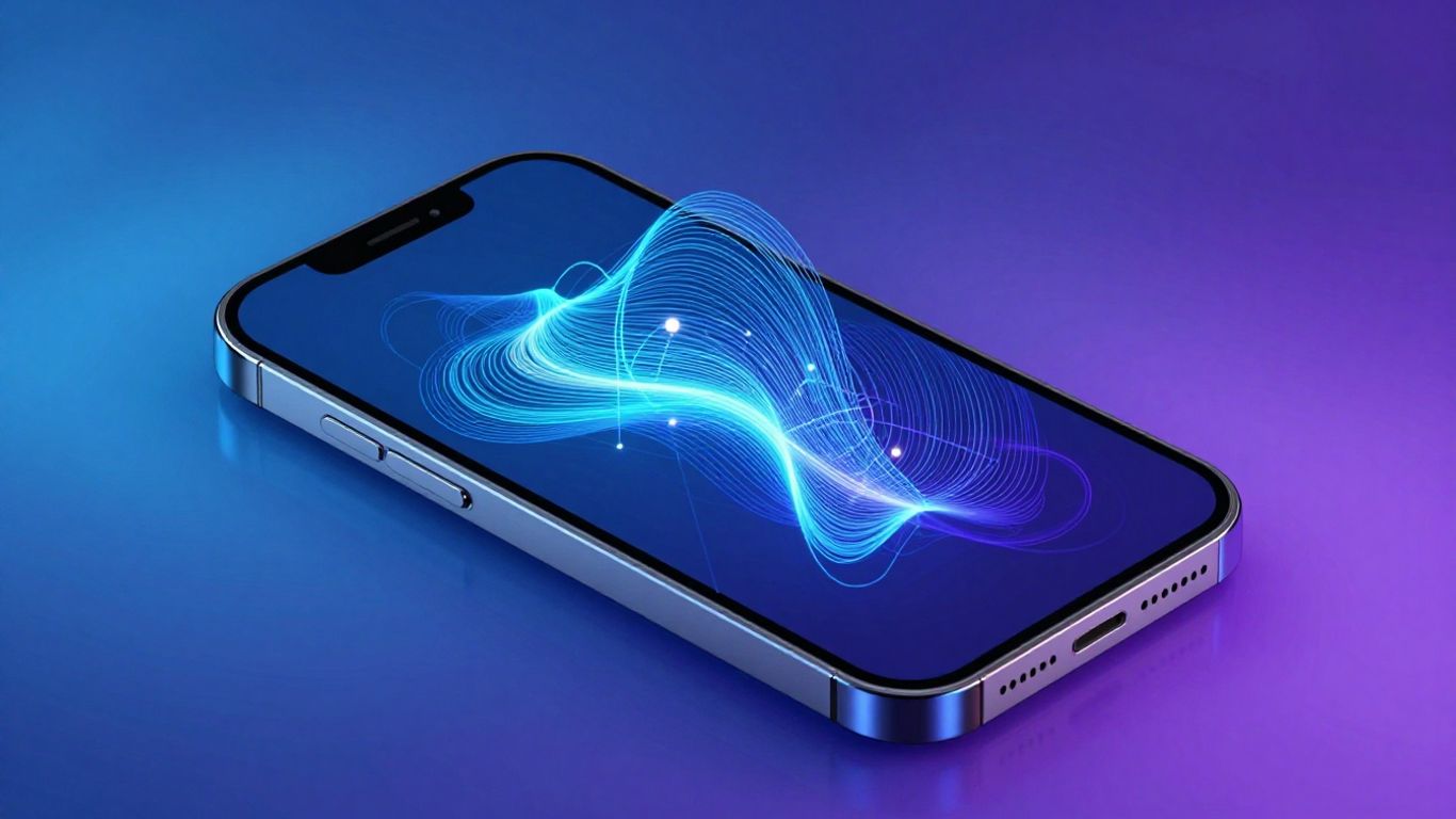 Smartphone with AI interface, futuristic blue and purple background.