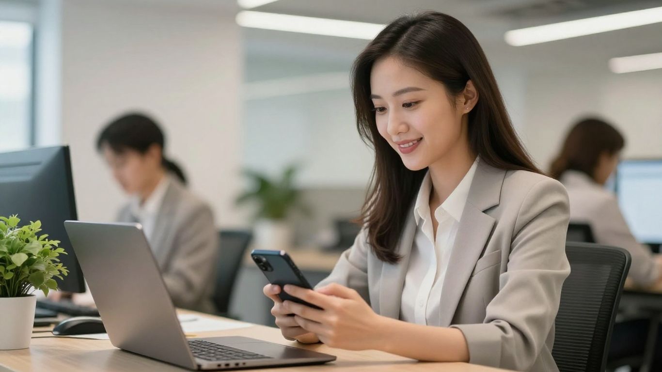 Professional woman answering a phone in a modern office.