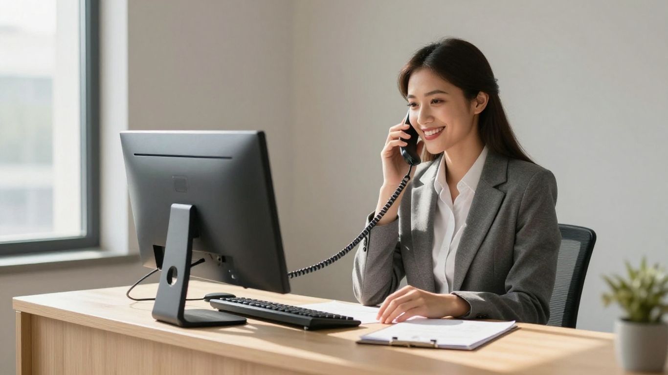 Receptionist answering phone in a modern office.