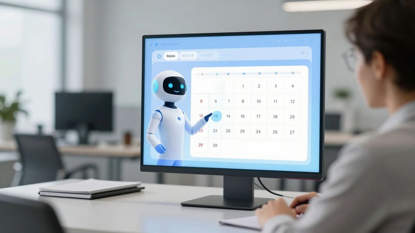 AI avatar scheduling appointments on a futuristic calendar.