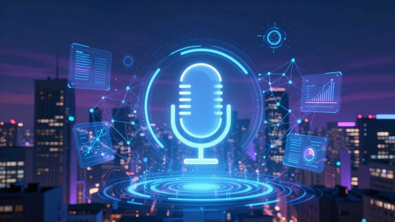 Futuristic AI customer service technology with glowing interfaces.