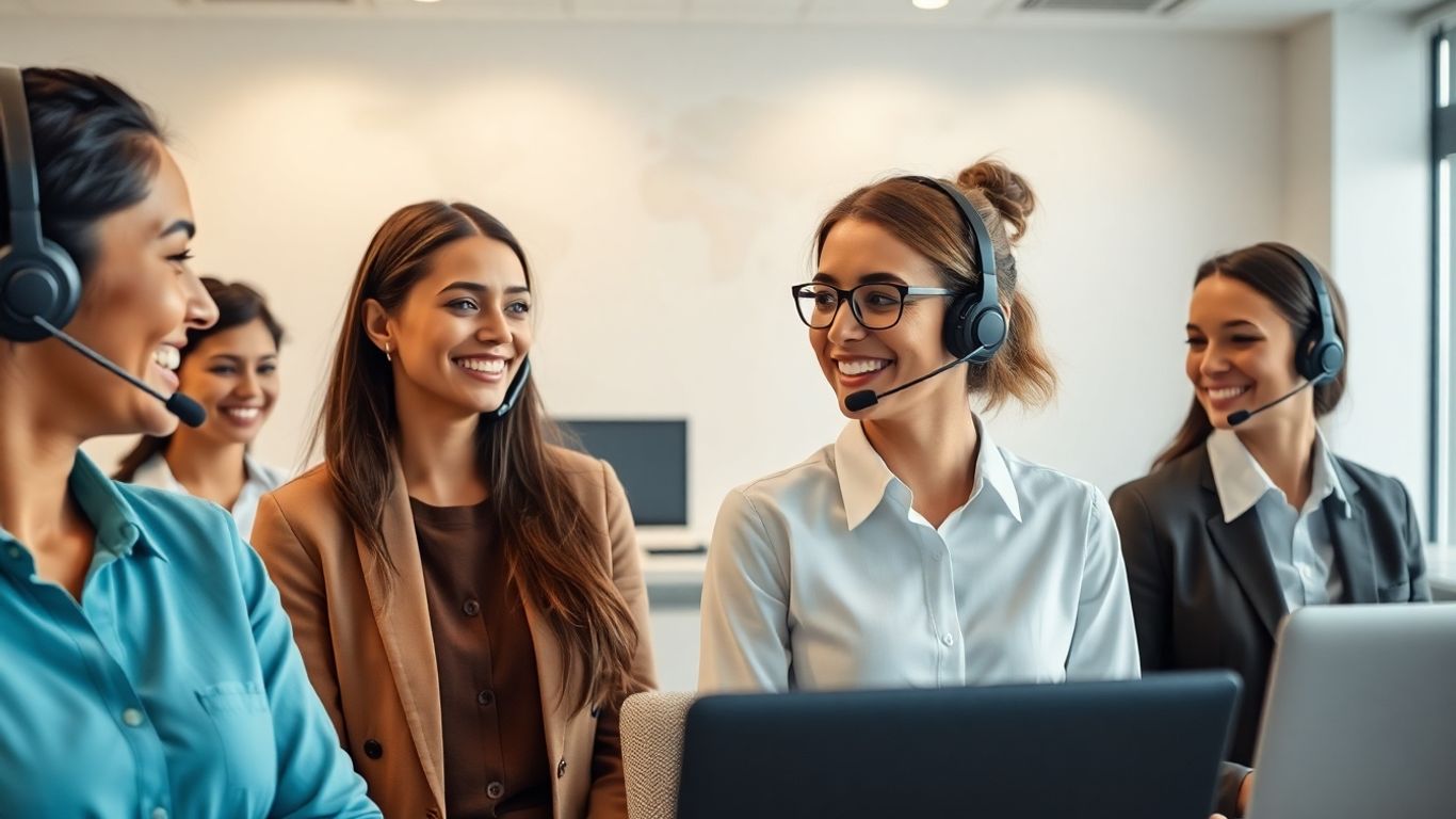 Bilingual virtual receptionists assisting clients in modern office