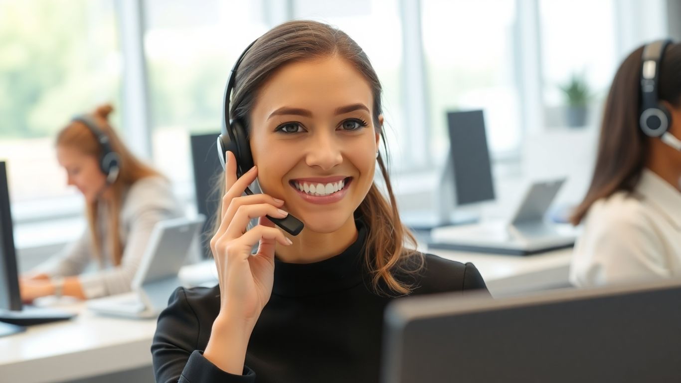 Receptionist with headset answers multiple business phone lines