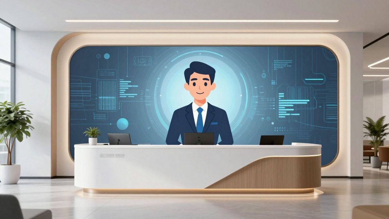 AI receptionist avatar on a digital interface.