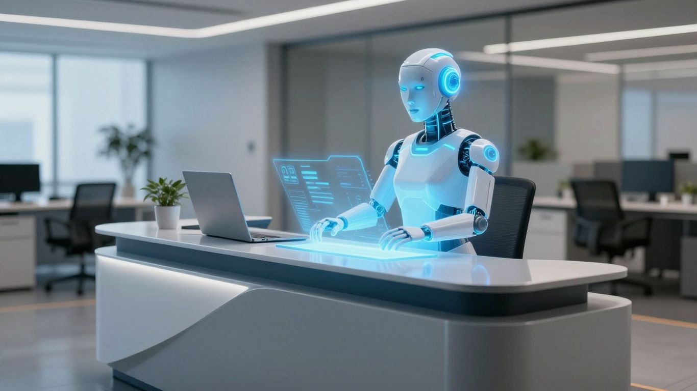 AI receptionist assistant hovering over a modern desk.