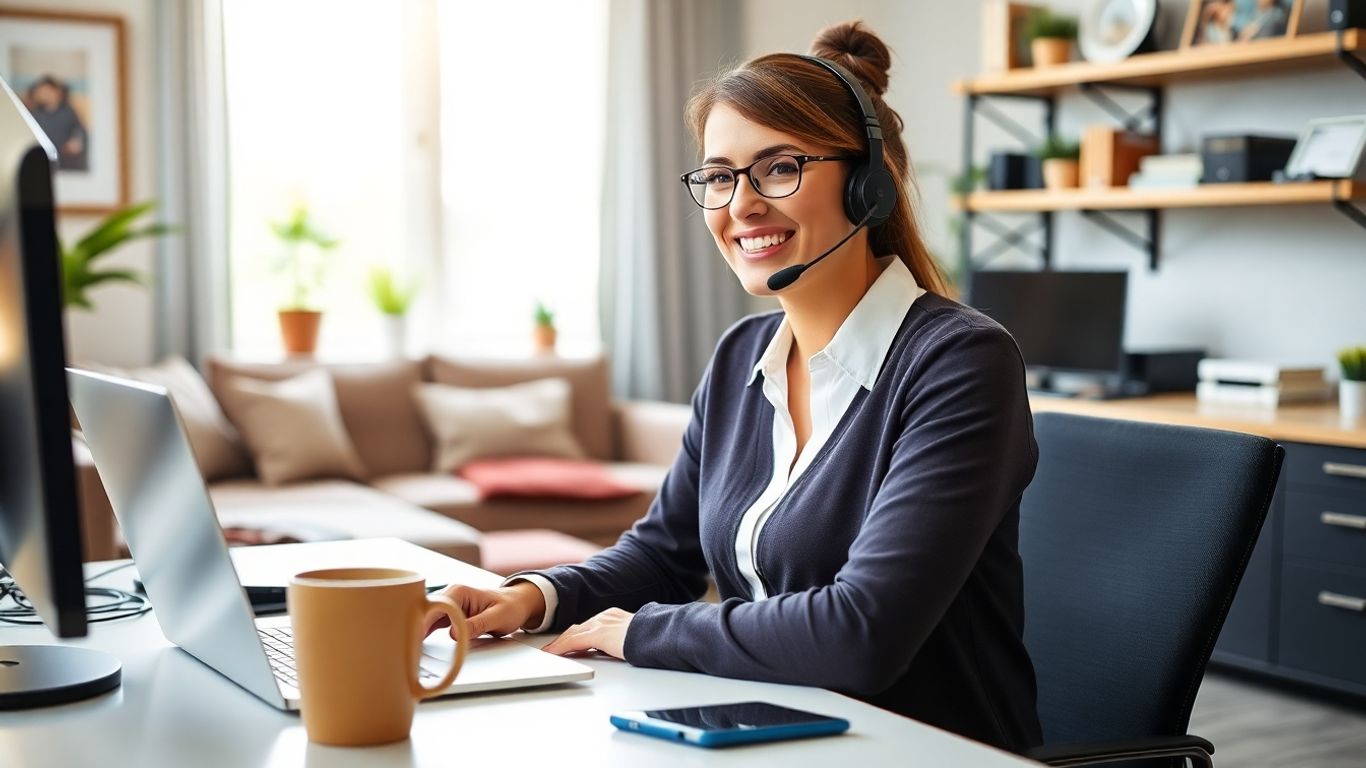 Smiling remote customer service rep at home office desk
