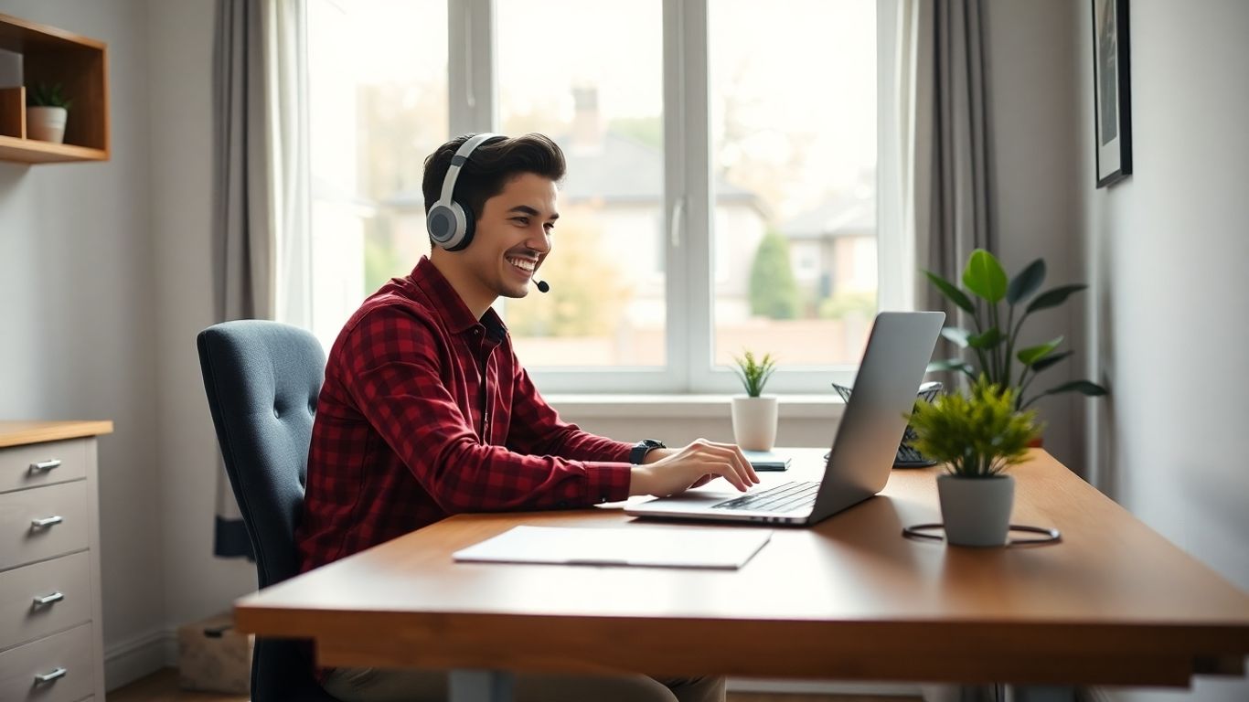 Young professional working remotely at home office desk
