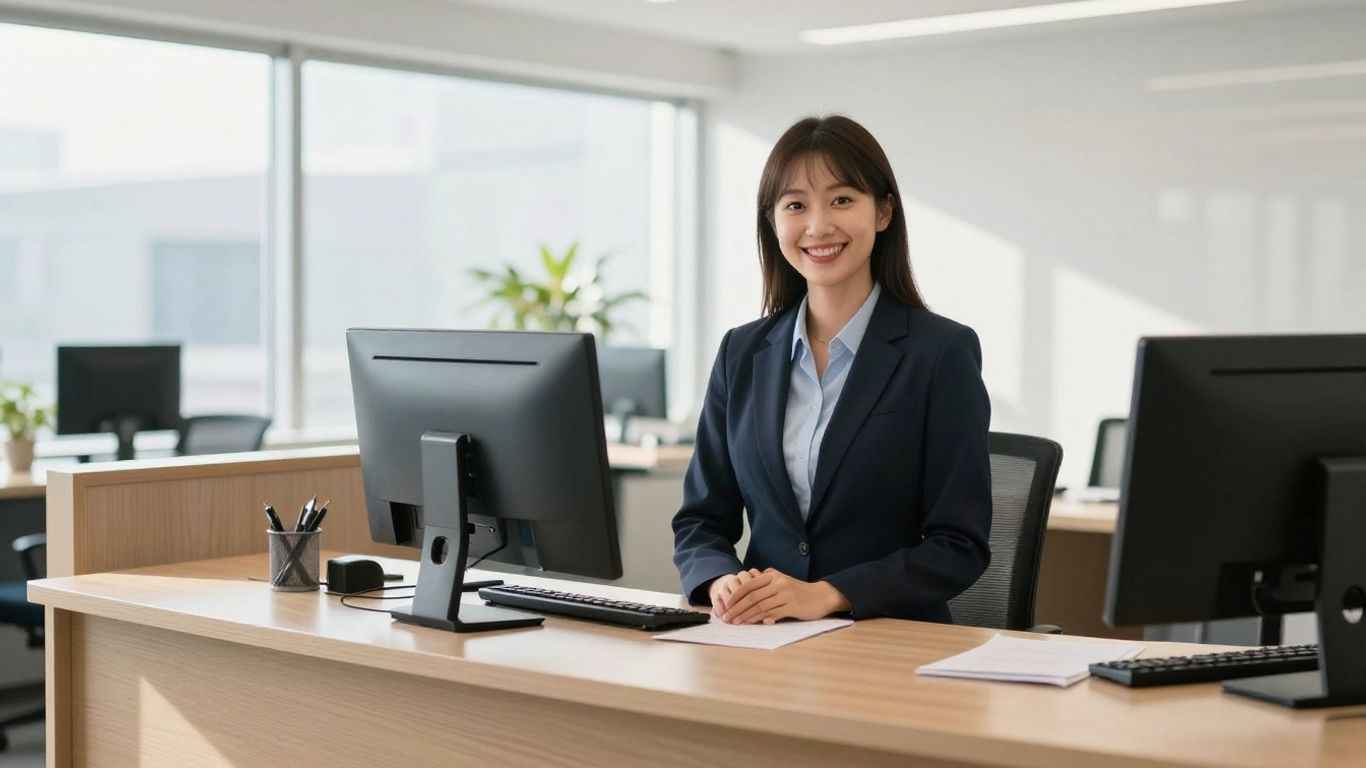 MyOutDesk virtual receptionist smiling in a modern office.