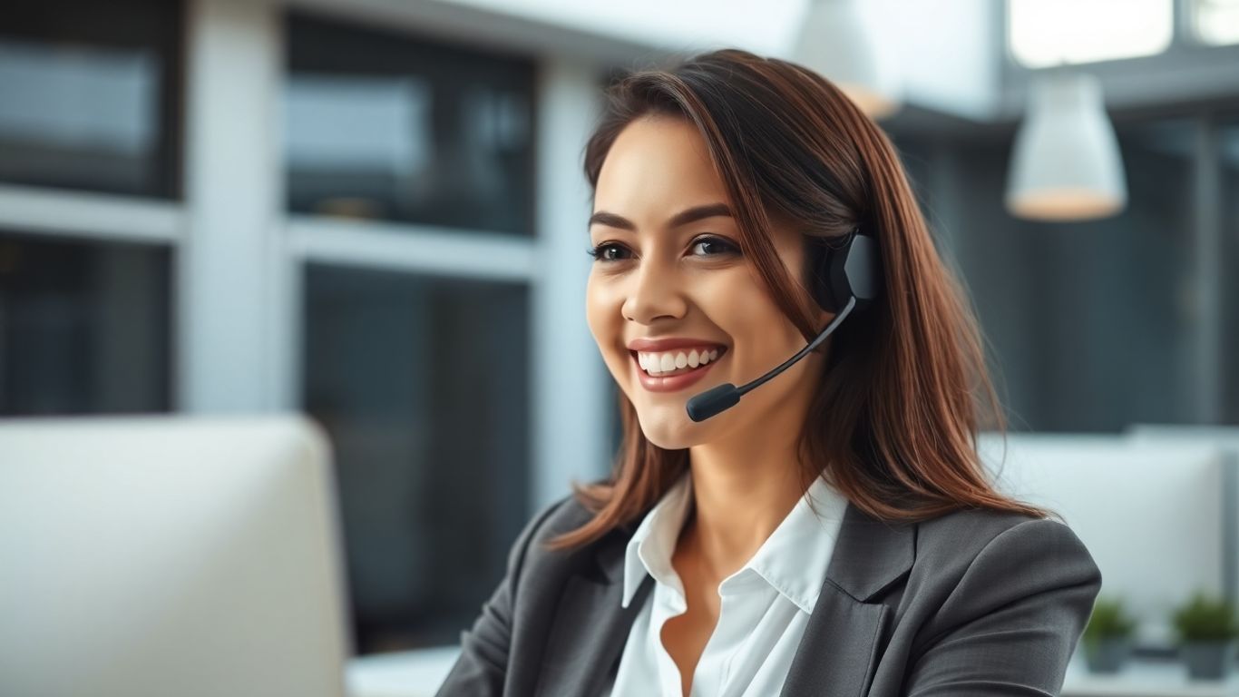 Professional woman using a headset for virtual communication.