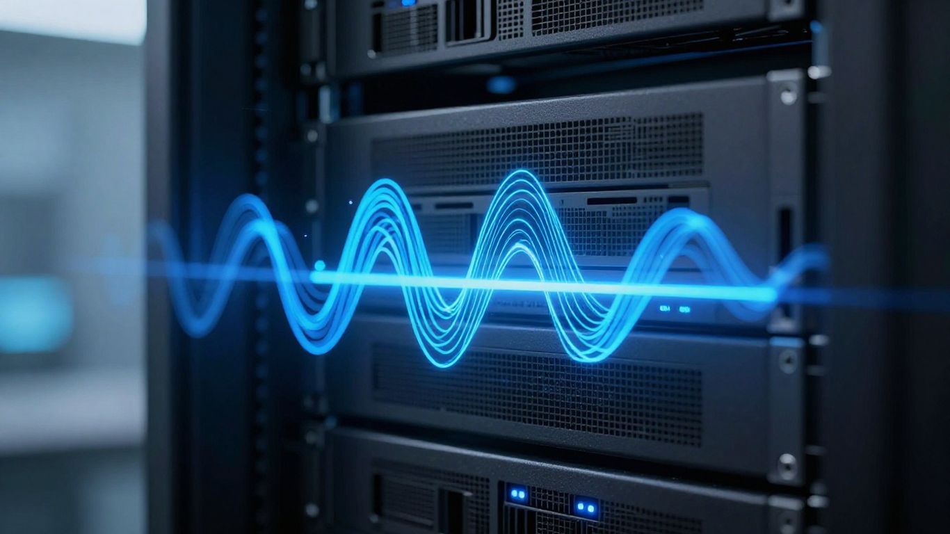 Retell AI server rack with glowing blue lights and waveforms.