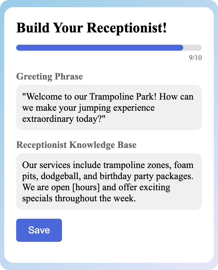 Sample receptionist setup for Trampoline Park