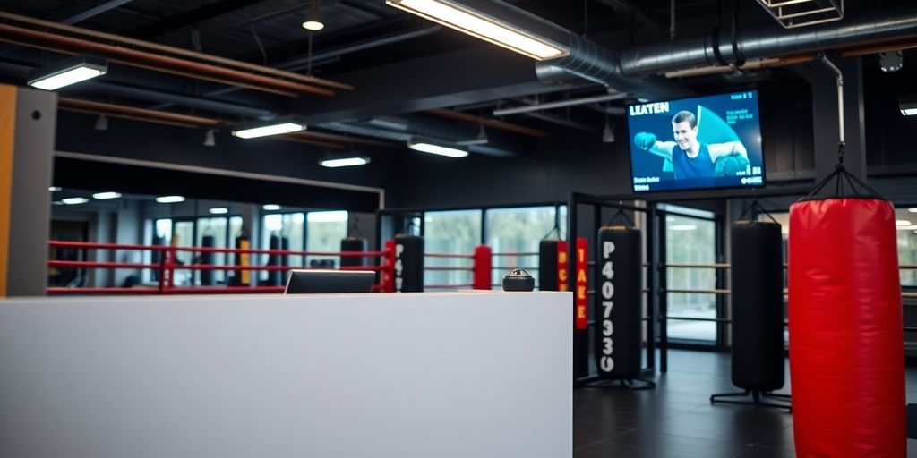 Boxing gym front desk with AI interface.