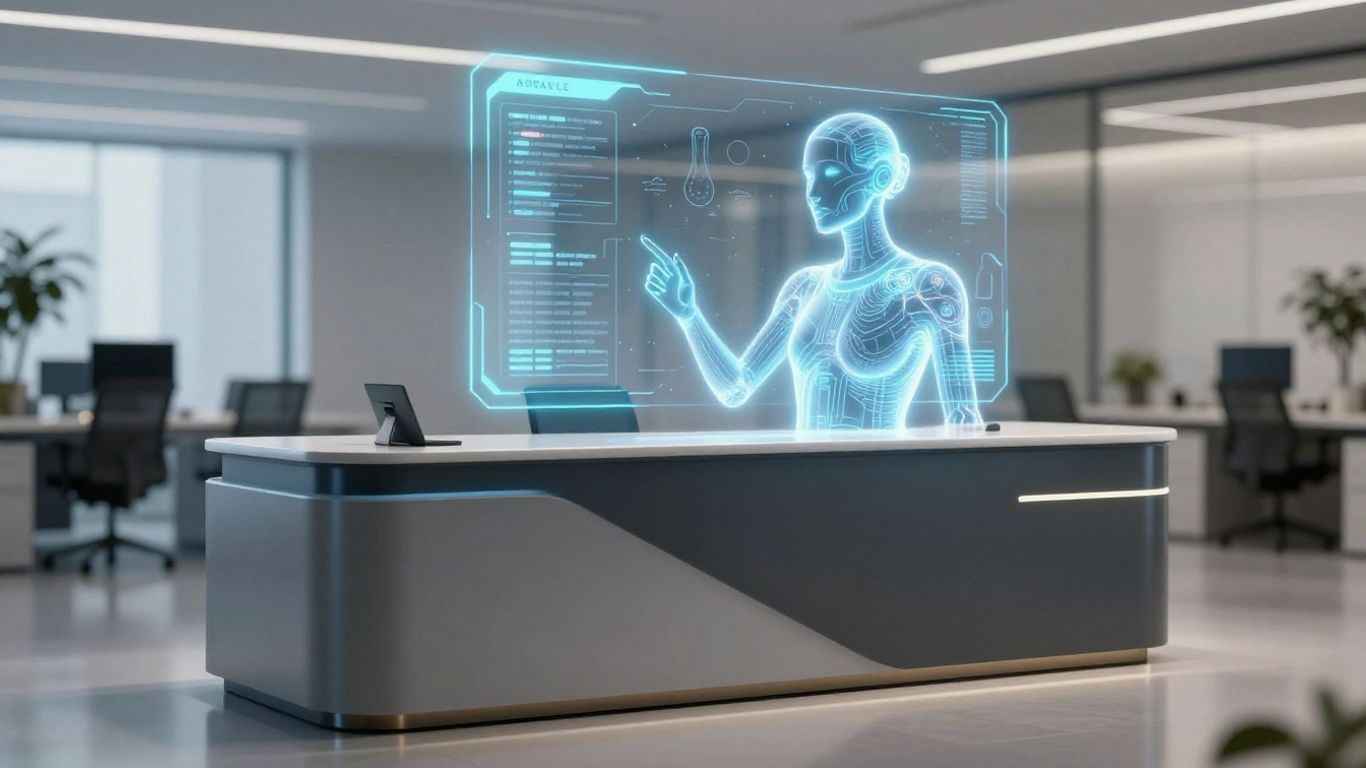 AI receptionist interface at a modern business desk.