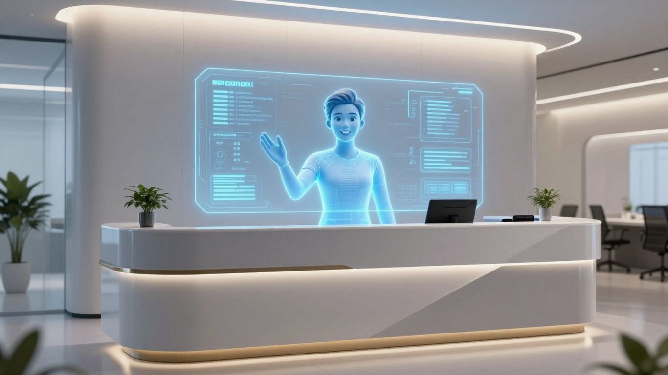 Digital receptionist avatar at a futuristic business desk.