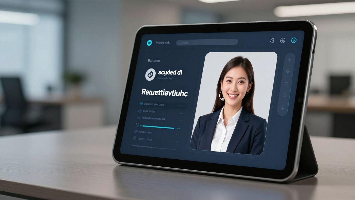 Digital receptionist interface on a tablet in an office.