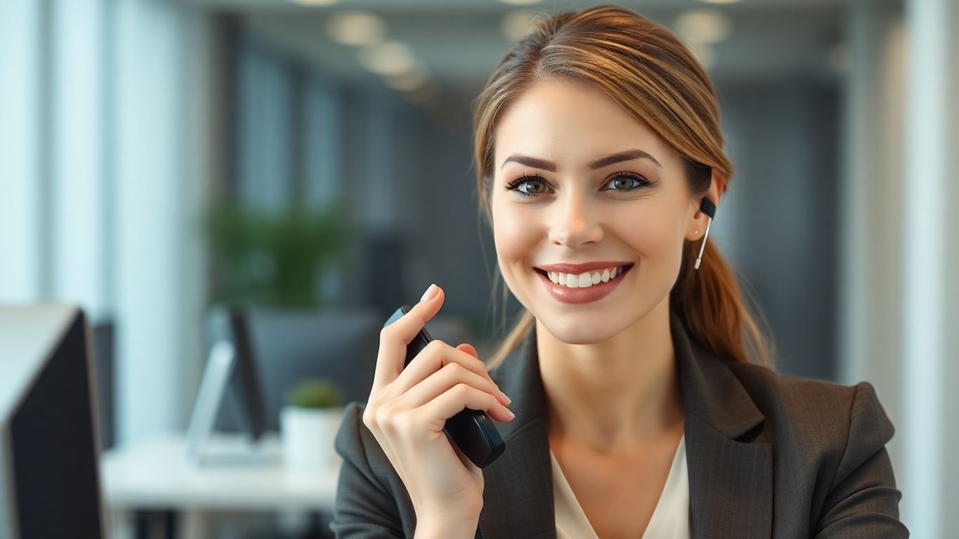 Professional receptionist answering a phone in an office.