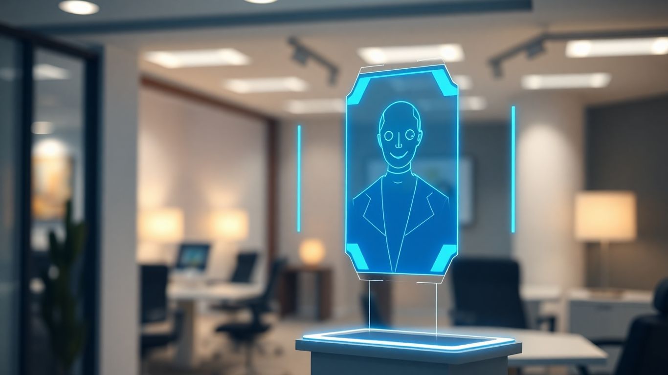 AI receptionist interface with holographic projection.