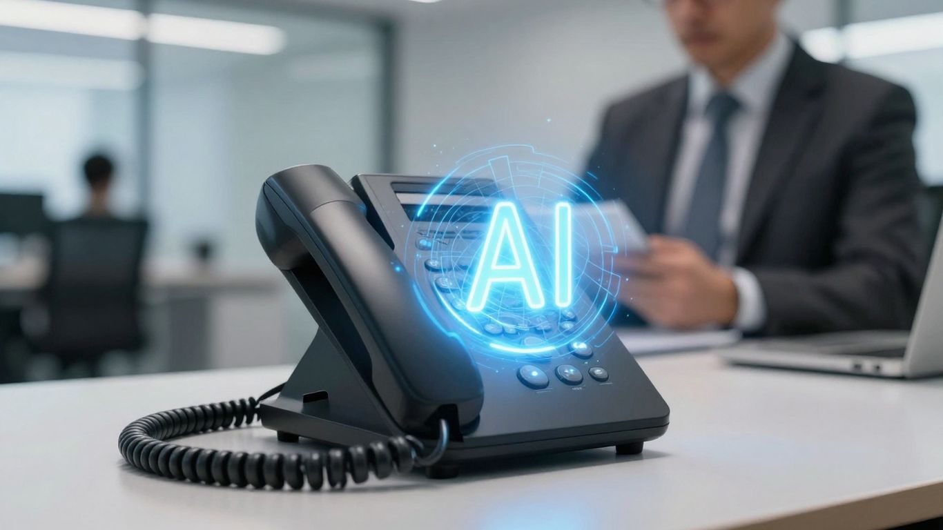 AI call receptionist interface with glowing digital elements.
