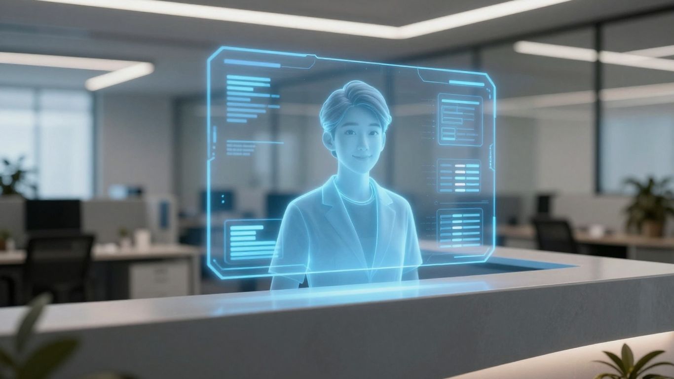 AI receptionist interface in a modern office.