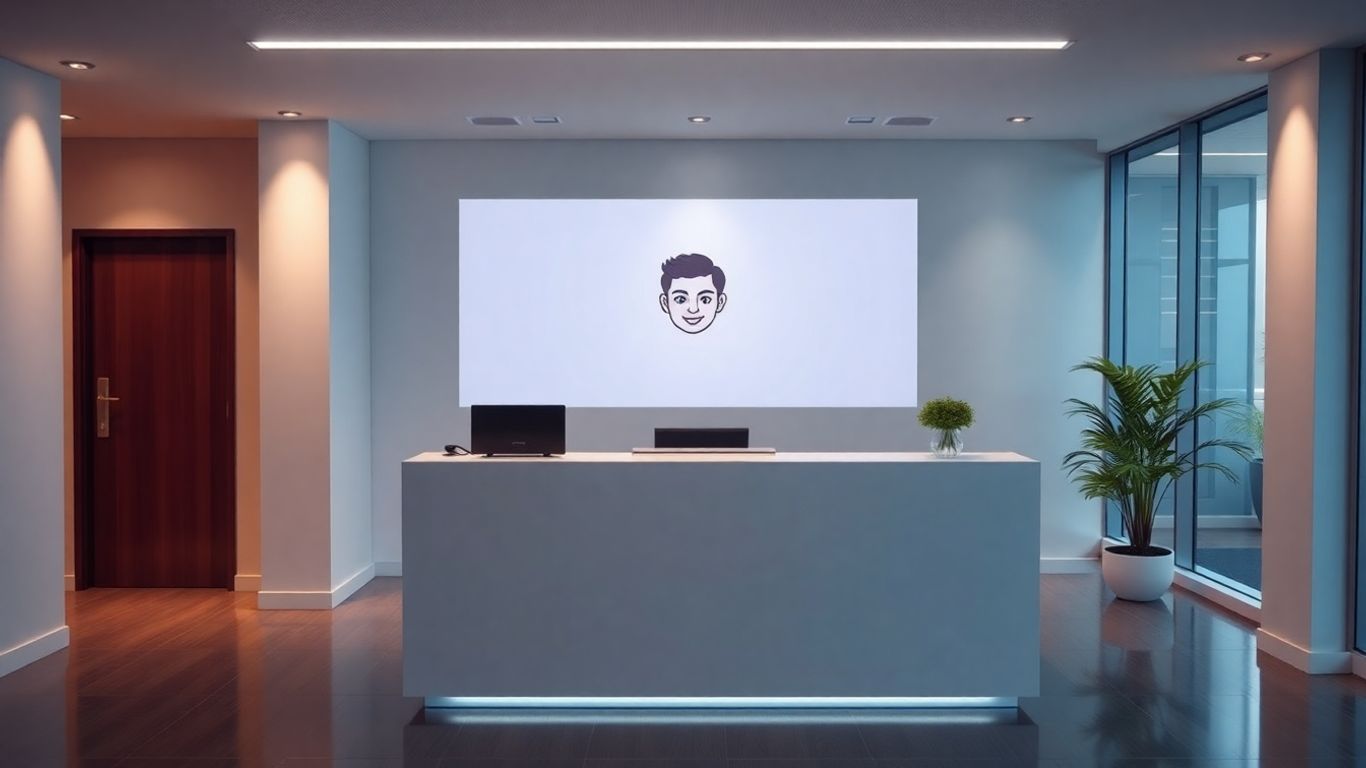 AI receptionist assisting a client at a desk.