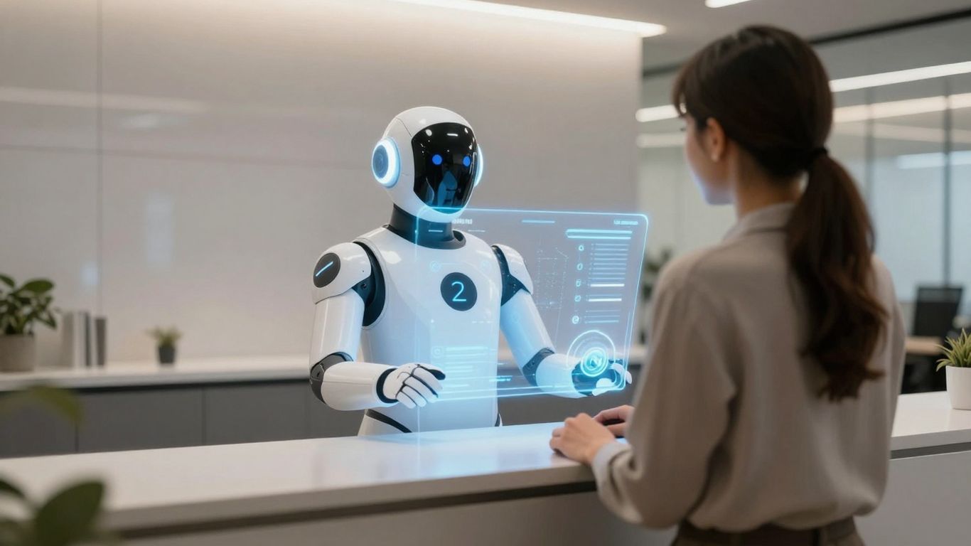 AI receptionist assisting a visitor in a modern office.
