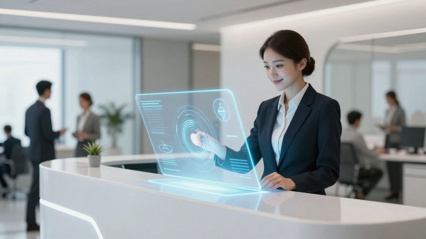 AI receptionist interface in a modern office setting.