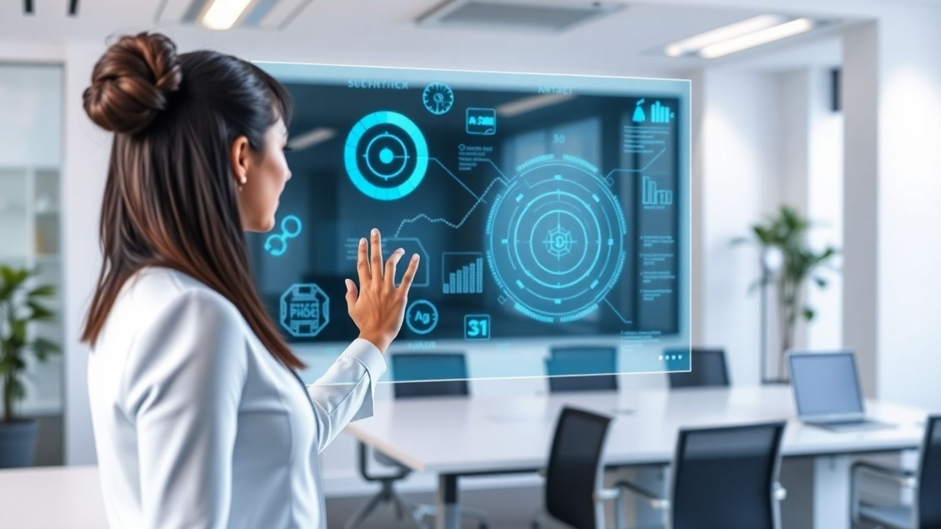AI virtual receptionist interface in a modern office.