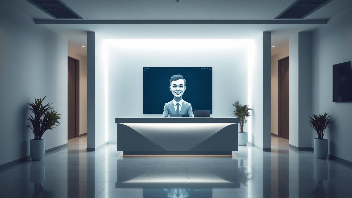 AI virtual receptionist in a modern office setting.
