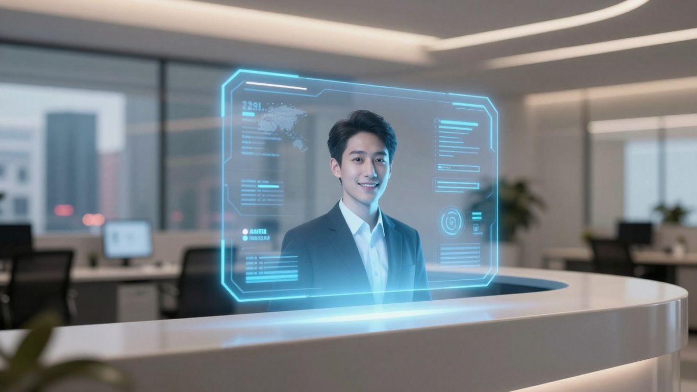 AI receptionist interface in a modern office.